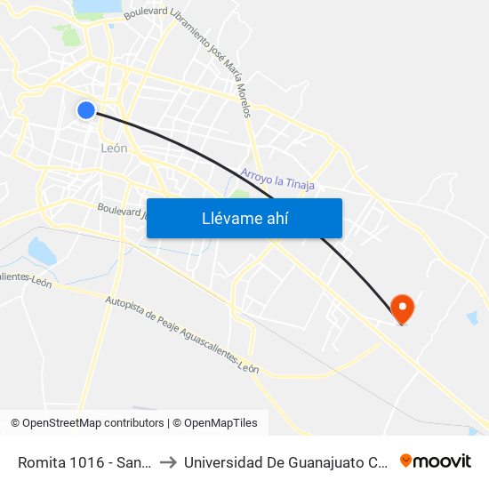 Romita 1016 - San Antonio to Universidad De Guanajuato Campus León map
