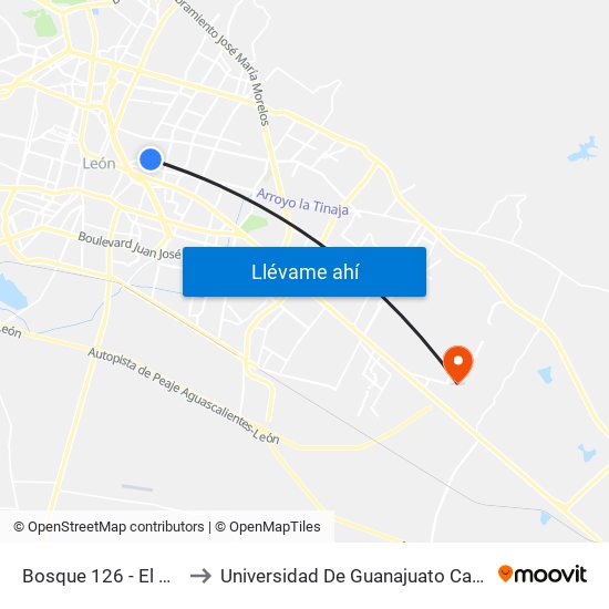 Bosque 126 - El Coecillo to Universidad De Guanajuato Campus León map