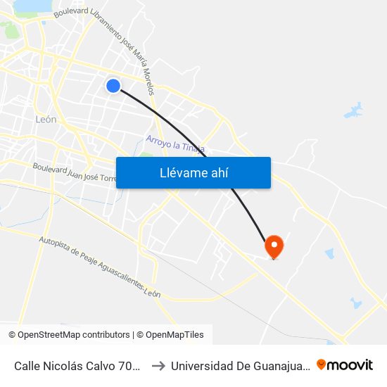 Calle Nicolás Calvo 701 - Benito Juarez to Universidad De Guanajuato Campus León map