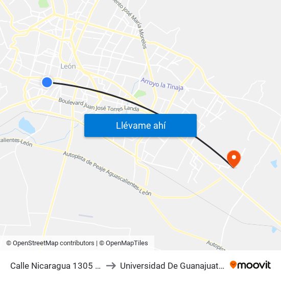 Calle Nicaragua 1305 - Loma Bonita to Universidad De Guanajuato Campus León map