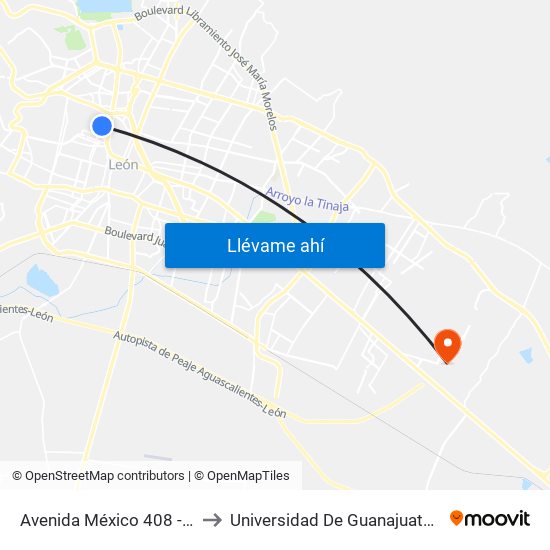 Avenida México 408 - La Moderna to Universidad De Guanajuato Campus León map