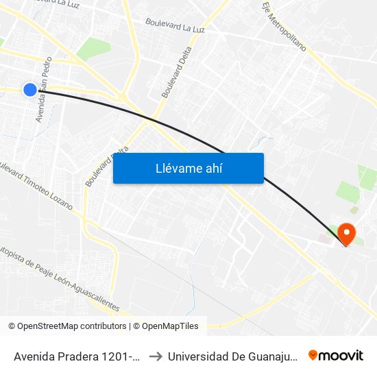 Avenida Pradera 1201-1207 - La Azteca to Universidad De Guanajuato Campus León map