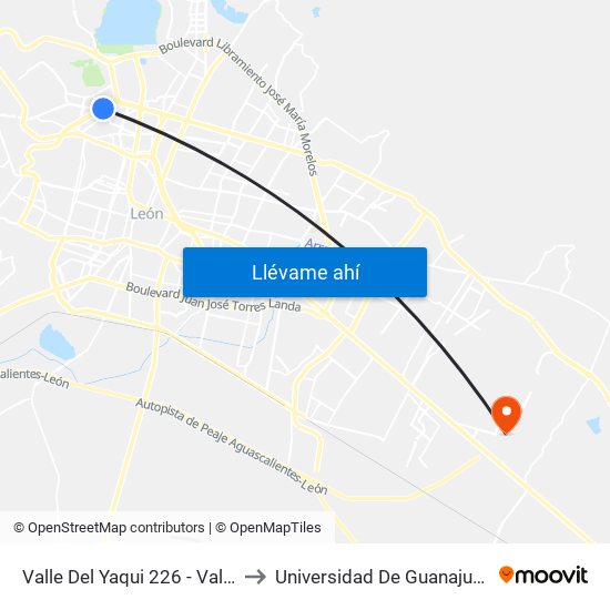 Valle Del Yaqui 226 - Valle Del Campestre to Universidad De Guanajuato Campus León map