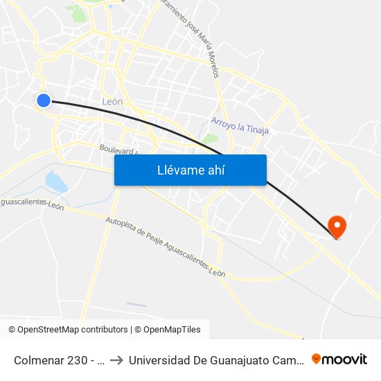 Colmenar 230 - Vibar to Universidad De Guanajuato Campus León map