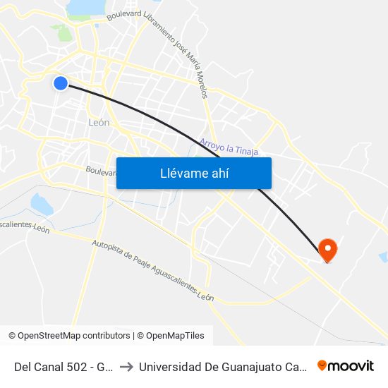 Del Canal 502 - Granada to Universidad De Guanajuato Campus León map