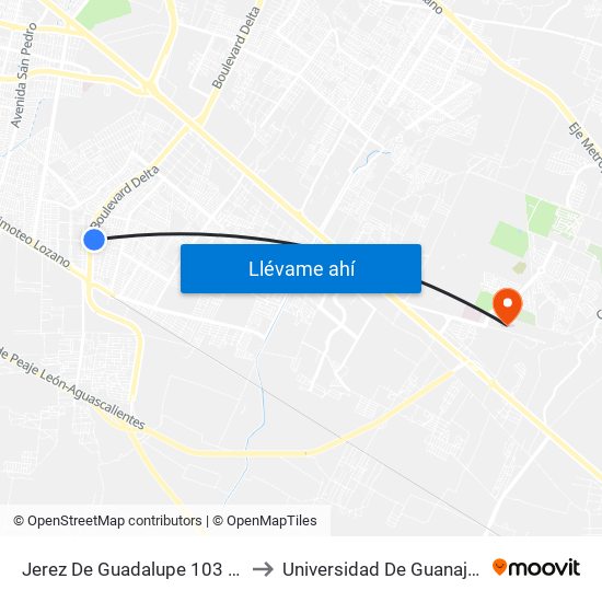 Jerez De Guadalupe 103 - Valle De Guadalupe to Universidad De Guanajuato Campus León map