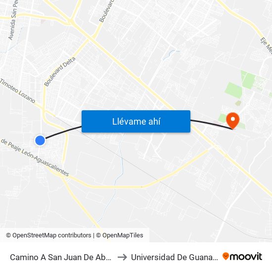 Camino A San Juan De Abajo - San Juan De Abajo to Universidad De Guanajuato Campus León map