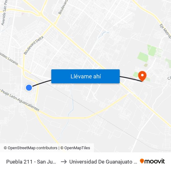Puebla 211 - San Juan De Abajo to Universidad De Guanajuato Campus León map