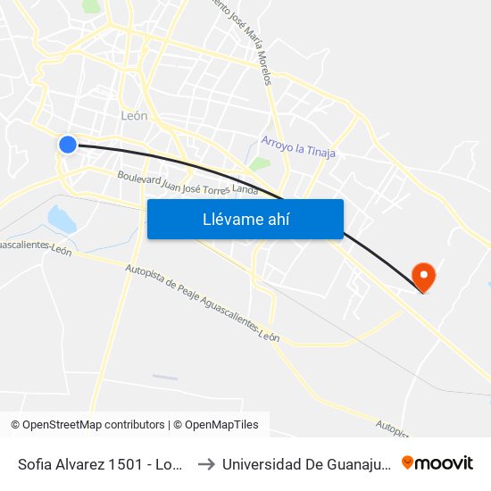 Sofia Alvarez 1501 - Lomas De Los Olivos to Universidad De Guanajuato Campus León map