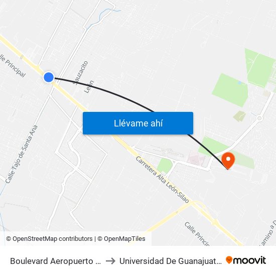 Boulevard Aeropuerto  112 El Dorado to Universidad De Guanajuato Campus León map