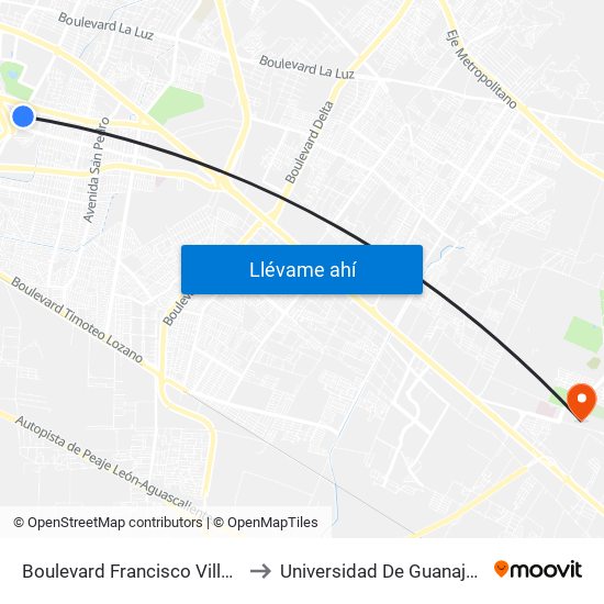 Boulevard Francisco Villa  605 - El Tlacuache to Universidad De Guanajuato Campus León map