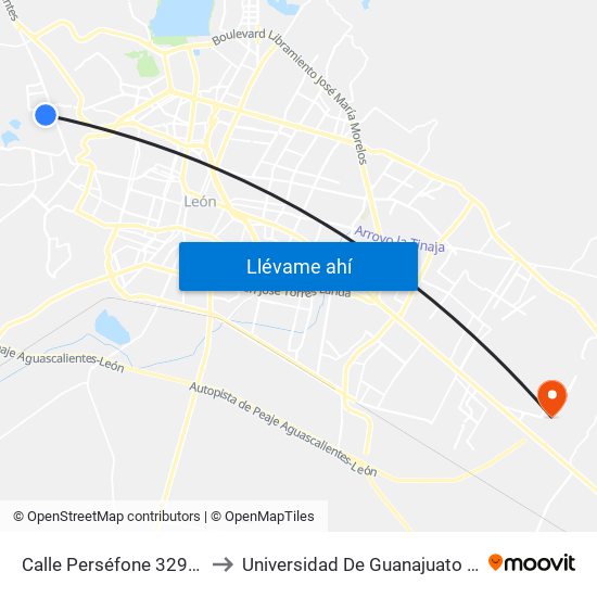 Calle Perséfone 329 - La Ermita to Universidad De Guanajuato Campus León map