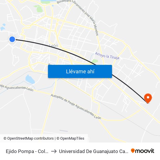 Ejido Pompa - Colina Real to Universidad De Guanajuato Campus León map