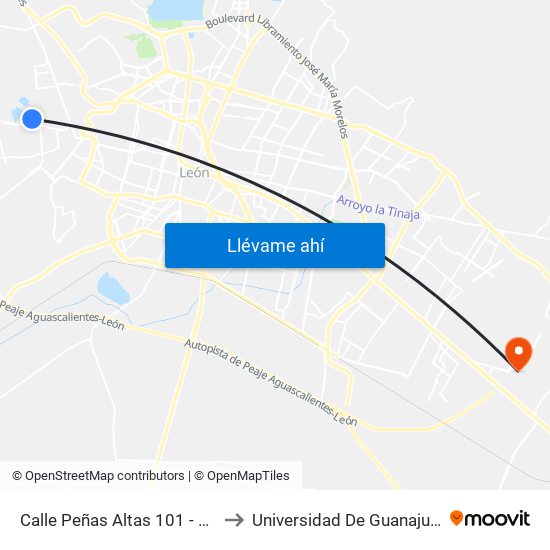 Calle Peñas Altas 101 - Lomas Del Mirador to Universidad De Guanajuato Campus León map
