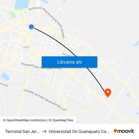 Terminal San Jeronimo to Universidad De Guanajuato Campus León map