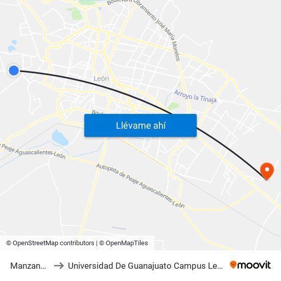 Manzanos to Universidad De Guanajuato Campus León map