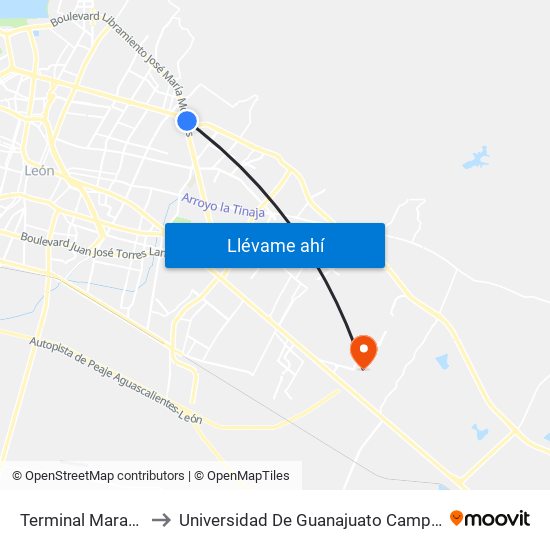 Terminal Maravillas to Universidad De Guanajuato Campus León map