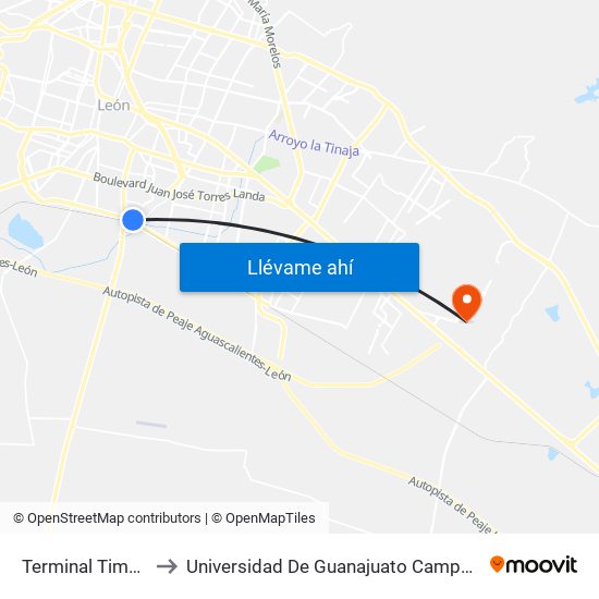 Terminal Timoteo to Universidad De Guanajuato Campus León map