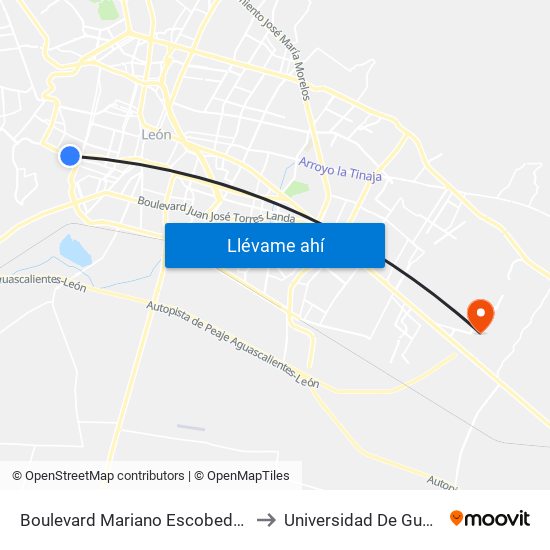 Boulevard Mariano Escobedo Oriente 4202c -  Flores Magon to Universidad De Guanajuato Campus León map