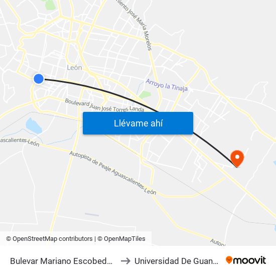 Bulevar Mariano Escobedo 3401  -  John F. Kennedy to Universidad De Guanajuato Campus León map