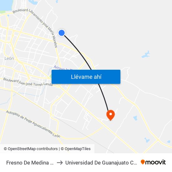 Fresno De Medina -  Medina to Universidad De Guanajuato Campus León map