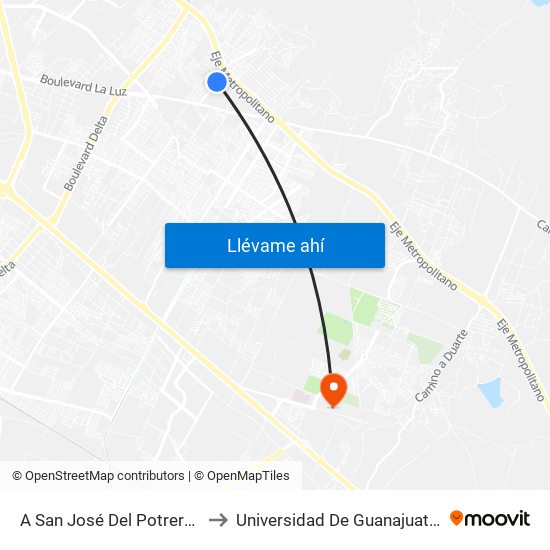 A San José Del Potrero -  Guanajuato to Universidad De Guanajuato Campus León map