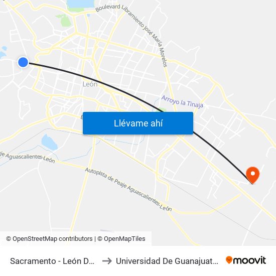 Sacramento -  León De Los Aldama to Universidad De Guanajuato Campus León map