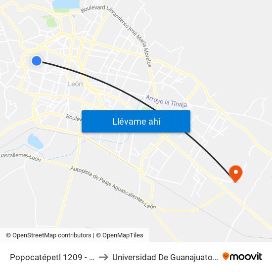 Popocatépetl 1209 -  Piletas I Y II to Universidad De Guanajuato Campus León map
