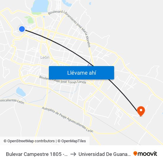 Bulevar Campestre 1805 -  Lomas Del Campestre to Universidad De Guanajuato Campus León map