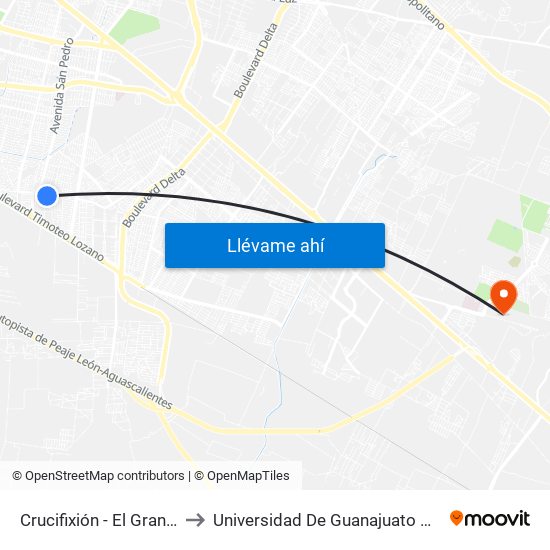 Crucifixión - El Granjeno Plus to Universidad De Guanajuato Campus León map