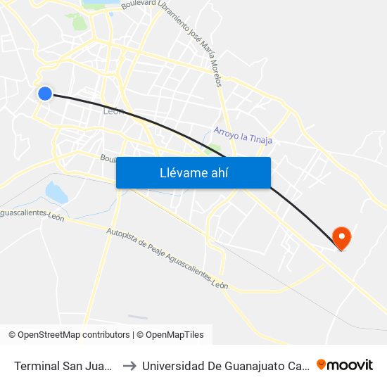 Terminal San Juan Bosco to Universidad De Guanajuato Campus León map