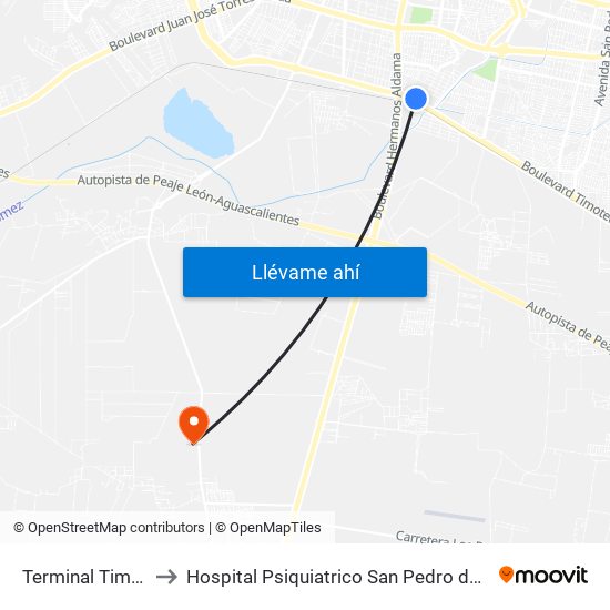 Terminal Timoteo to Hospital Psiquiatrico San Pedro del Monte map