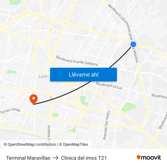 Terminal Maravillas to Clinica del imss T21 map