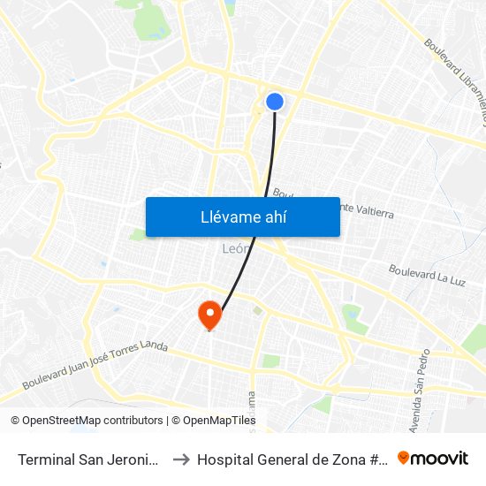 Terminal San Jeronimo to Hospital General de Zona #21 map