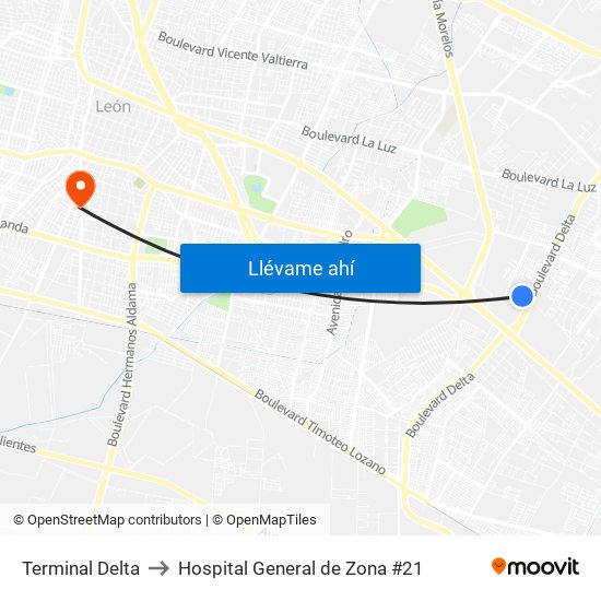Terminal Delta to Hospital General de Zona #21 map