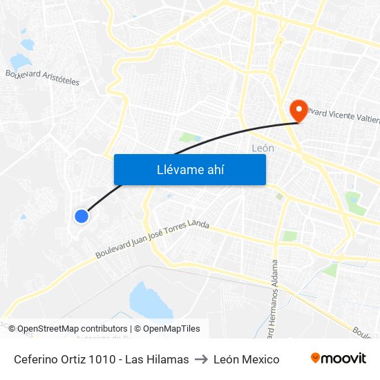 Ceferino Ortiz 1010 - Las Hilamas to León Mexico map
