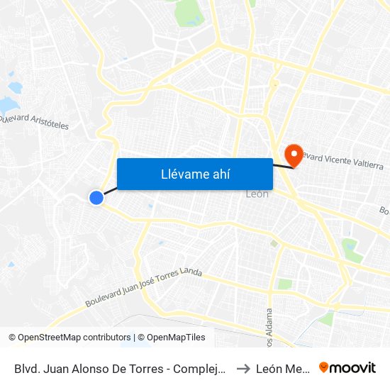 Blvd. Juan Alonso De Torres - Complejo La Cima to León Mexico map