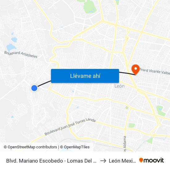 Blvd. Mariano Escobedo - Lomas Del Valle to León Mexico map