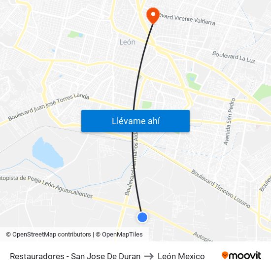 Restauradores - San Jose De Duran to León Mexico map