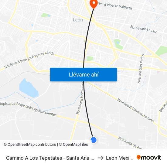 Camino A Los Tepetates - Santa Ana A.C to León Mexico map