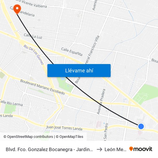 Blvd. Fco. Gonzalez Bocanegra - Jardines De Jerez to León Mexico map
