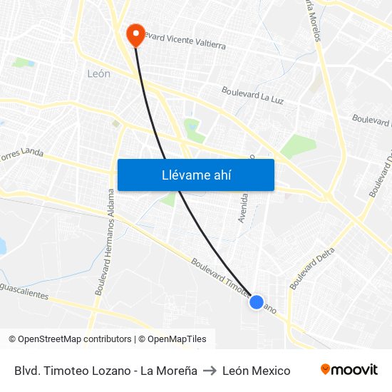 Blvd. Timoteo Lozano - La Moreña to León Mexico map