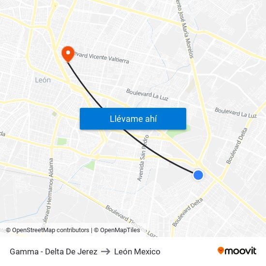 Gamma - Delta De Jerez to León Mexico map