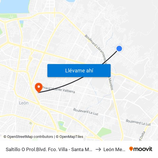 Saltillo O Prol.Blvd. Fco. Villa - Santa Magdalena to León Mexico map