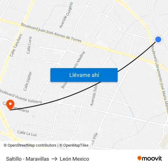 Saltillo - Maravillas to León Mexico map