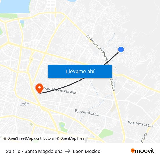 Saltillo - Santa Magdalena to León Mexico map