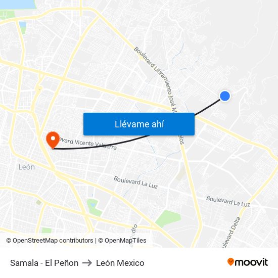 Samala - El Peñon to León Mexico map