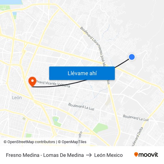 Fresno Medina - Lomas De Medina to León Mexico map