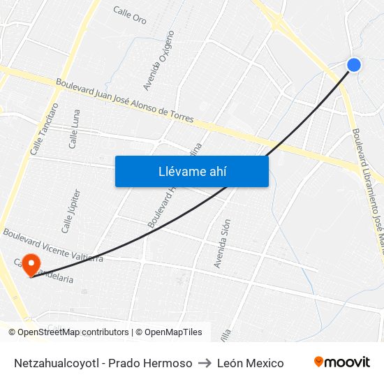Netzahualcoyotl - Prado Hermoso to León Mexico map