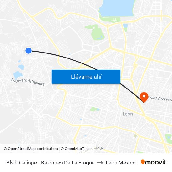 Blvd. Caliope - Balcones De La Fragua to León Mexico map